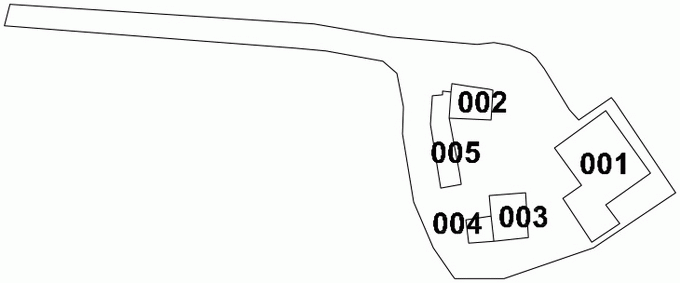 Schema di riferimento per l'individuazione dei fabbricati: la vista schematica dall'alto mostra la distribuzione dei fabbricati numerandoli progressivamente